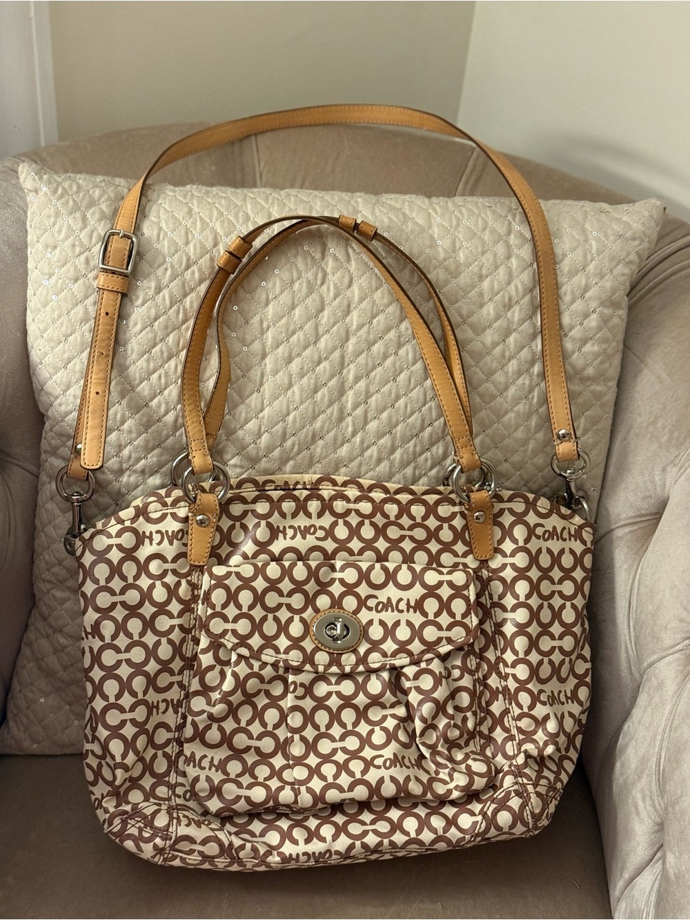 Coach Beige & Tan Signature Shoulder Bag with Front Turn-Lock Pocket